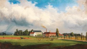 Ebenthal near Klagenfurt to the East, in the Foreground the Großnighof with Manor House and Factory Grounds of the Puntschart Family, in the Background the Magdalensberg by Marko Pernhart